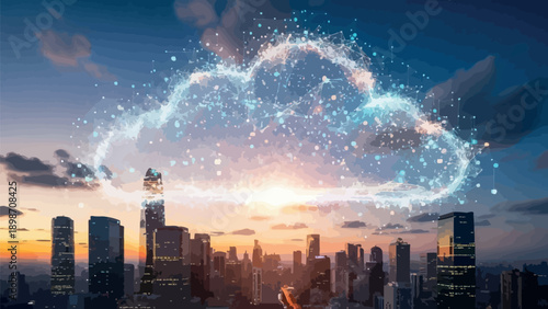 Illuminated digital cloud network structure hovers above a modern city skyline during a dramatic sunset representing global connectivity and futuristic data infrastructure concepts
