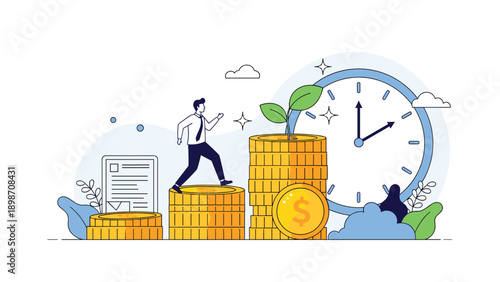 Businessman walks up a staircase made of gold coins toward a large clock and a growing green plant to represent long term wealth.