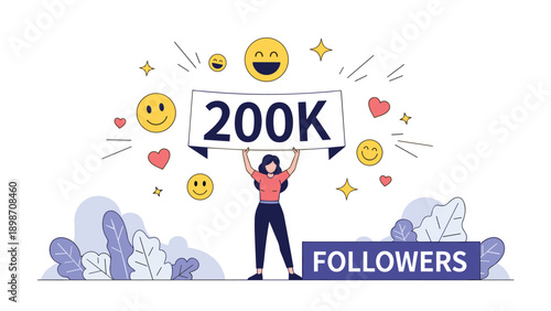 Happy woman holds up a large banner celebrating 200,000 followers on social media while surrounded by heart and emoji icons.