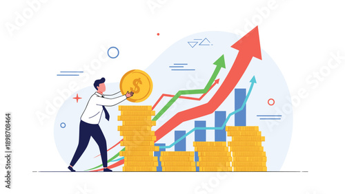 Businessman adding a gold coin to a tall stack while multiple colorful financial growth charts with upward arrows rise behind him.