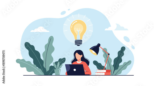Creative young woman working on her laptop while a large glowing light bulb representing a new idea shines above her in a stylish office.