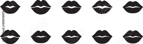 Kiss lips Valentine’s Day icon set in bold silhouette style, flat vector illustration isolated on white.