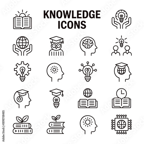 Knowledge icons featuring books brains lightbulbs and learning concepts