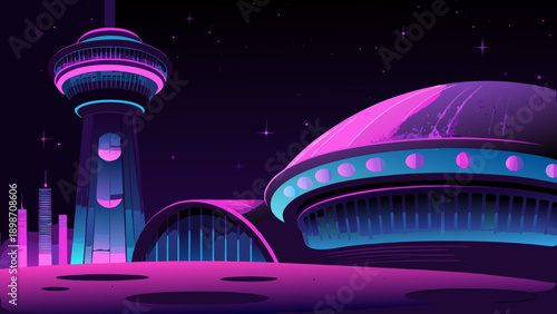 Futuristic cityscape at night with glowing neon structures and a starry sky