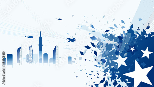 Abstract cityscape with exploding shards and aerial vehicles