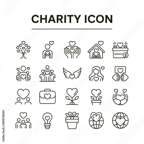 Charity icon set depicting giving support and humanitarian concepts