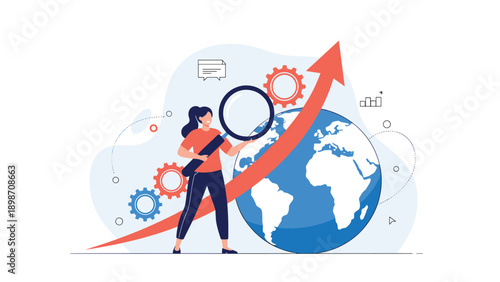 Professional woman using a magnifying glass to analyze a globe as a bright red financial growth arrow rises across the world map.