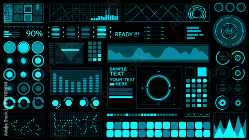 Futuristic user interface elements displayed in a vibrant cyan color scheme