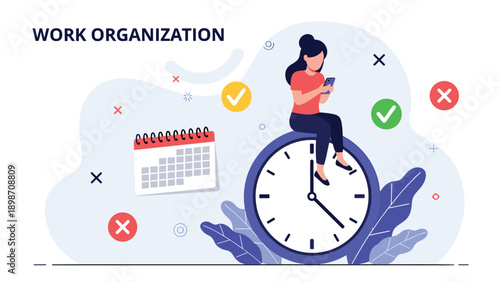 Organized woman sitting on top of a giant clock while using her smartphone to manage her daily work schedule and personal calendar.