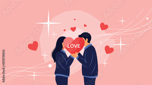 Romantic couple hiding behind a large red heart with love text on pink background with sparkling stars and swirls.