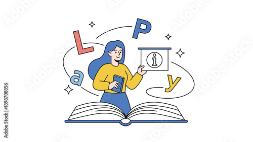 Inspired girl reading a large book with letters and information icons floating around in a creative educational concept.