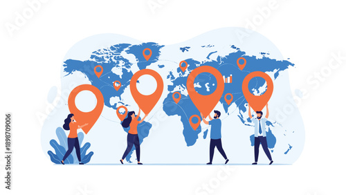 Diverse group of people placing large orange location pin markers on a world map representing global connectivity.