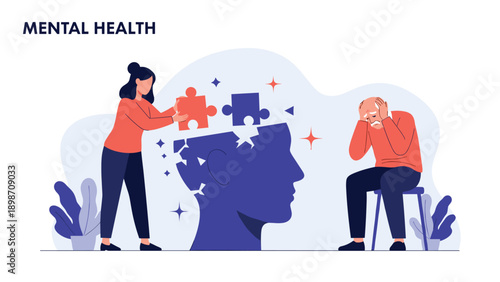 Compassionate woman putting puzzle pieces into a human head silhouette to support mental health and emotional well-being.