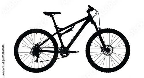 A stark black silhouette depicts a modern mountain bike with visible suspension wheels and handlebars silhouette high quality professional detailed