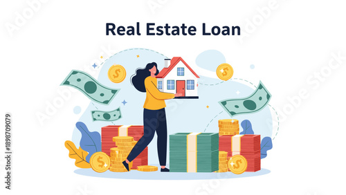 Young woman holding a house model surrounded by stacks of money and banknotes for real estate loan concepts.