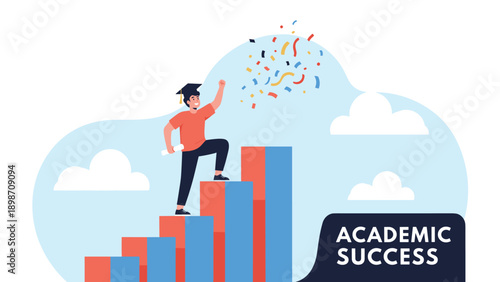 Graduate student in cap and gown celebrating on top of a rising bar chart representing academic success and growth.