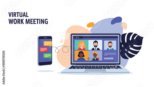 Laptop screen displaying a virtual work meeting with multiple participants for remote team collaboration and communication.