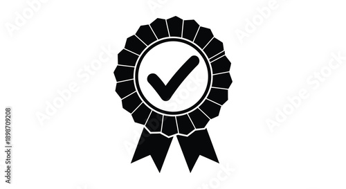 A black rosette ribbon award with a central white circle containing a checkmark presented as a silhouette high quality professional