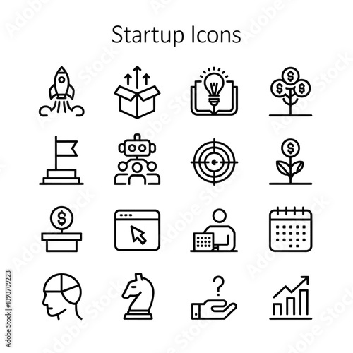 Startup icons set growth strategy and business development concepts illustrated