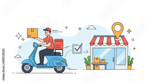 Courier on a blue scooter delivering a package to a local store with a location pin and checkmark for verified service.