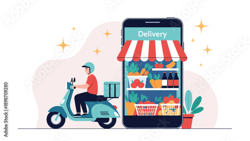 Delivery person on a scooter next to a large smartphone screen displaying fresh groceries for online food ordering.