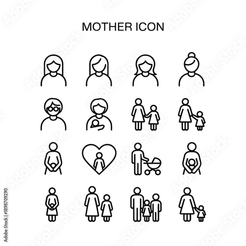 Collection of linear motherhood icons depicting families and maternal care