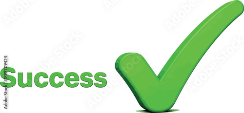 Bright green three dimensional confirmation checkmark symbol next to the bold green word success rendered against a clean white background with soft light bokeh effects