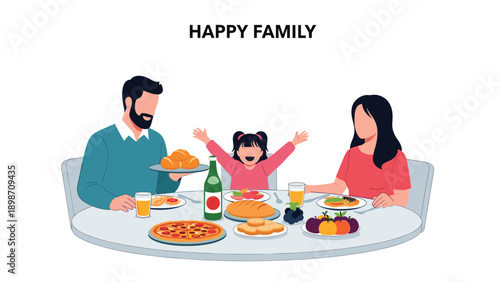 Happy family with a young daughter enjoys a delicious dinner together at a round table filled with pizza and various healthy foods.