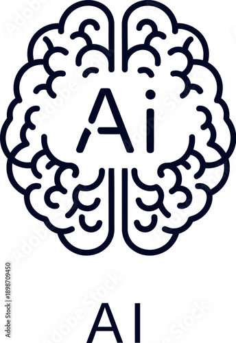 Simple line art icon representing artificial intelligence concept with the abbreviation ai clearly visible inside a stylized human brain structure for digital design.