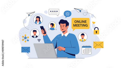 Young man participates in an online video meeting using his laptop and smartphone while surrounded by digital communication icons.