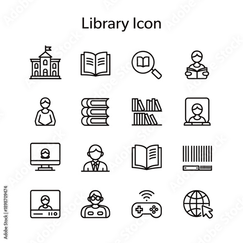 Library themed icons depicting books learning and technology