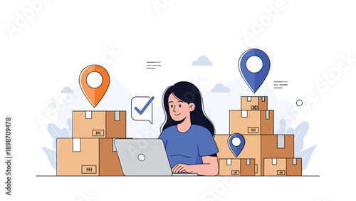 Female entrepreneur uses a laptop to manage logistics and shipment of several cardboard boxes marked with orange and blue location pins.
