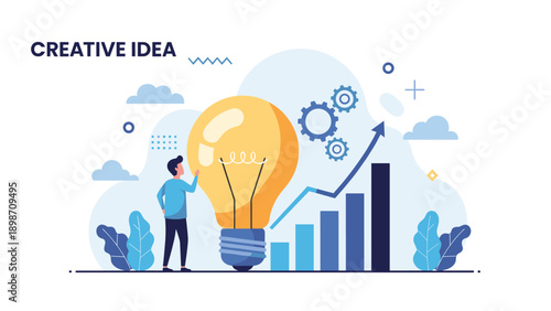 Aspiring entrepreneur stands next to a giant glowing lightbulb and a rising bar graph to visualize a successful creative business idea.