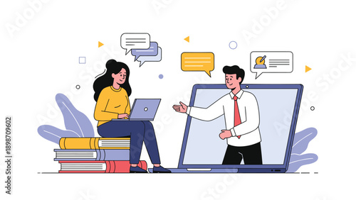 Female student sits on a stack of books and uses her laptop to communicate with a male teacher appearing on a large computer screen.