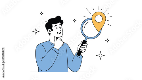 Thoughtful man looks through a magnifying glass at a large orange location pin while trying to find a specific destination or address.