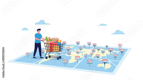 Shopper pushes a cart full of groceries across a world map dotted with numerous store icons to represent global retail networks.
