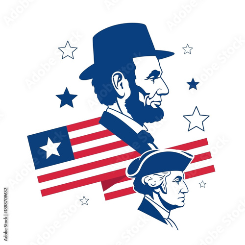 Abraham Lincoln and George Washington Portraits with American Flag and Stars