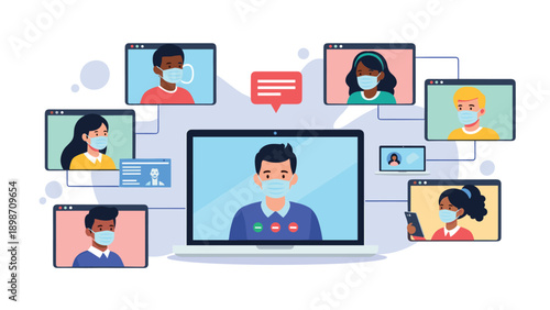 Laptop screen displays a group of diverse professionals participating in a virtual video conference while wearing protective face masks.