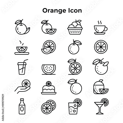 Collection of orange themed line icons depicting fruit drinks and related items