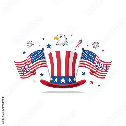 USA Patriotic Symbols: Uncle Sam Hat, American Flags, Eagle Head, Fireworks