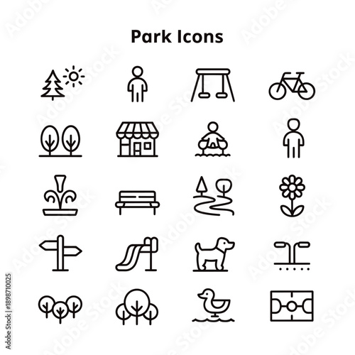 Collection of simple black line icons representing various park elements