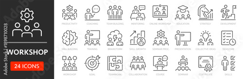 Workshop line icon set. Editable Stroke. Training, teamwork, coaching, goals, education, skill, seminar - stock vector.