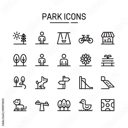 Line art icons depicting various elements commonly found within a public park