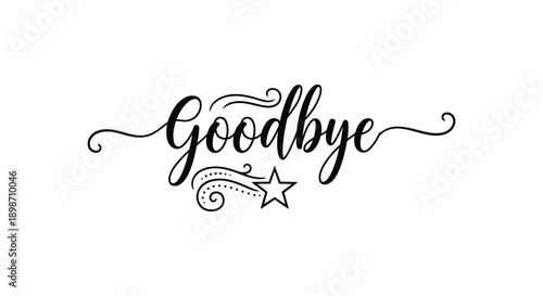 An elegant black calligraphy design spells goodbye with a flourish accented by a star and swirling details silhouette high quality