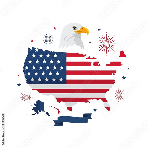 USA Map with American Flag, Eagle Head, and Fireworks - Patriotic Concept