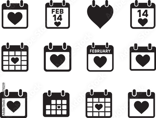 Valentine Day date calendar icon set with heart indicator, bold flat vector silhouettes isolated on white.