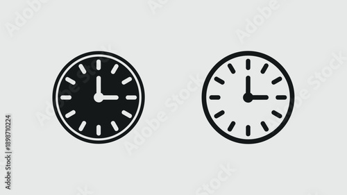 Two analog clocks displaying different times with simple designs and bold outlines isolated on white background, Vector, illustration