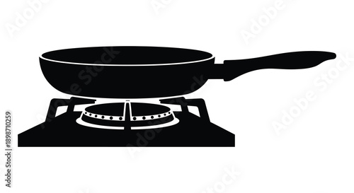 A stark black silhouette depicts a frying pan resting on a gas burner showcasing a kitchen cooking scene silhouette