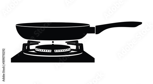 A black silhouette depicts a frying pan resting on a gas stove burner illustrating cooking equipment silhouette high quality professional