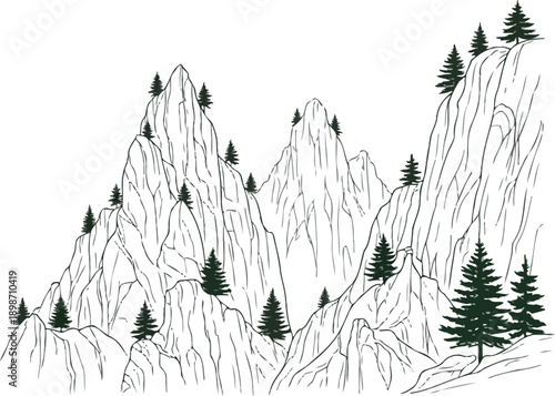 Hand drawn illustration of rugged mountain peaks with sparse evergreen trees perched precariously on the rocky slopes and cliff edges showcasing a minimalist natural landscape scene.